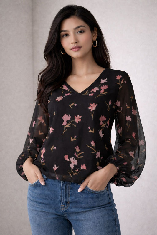 Bloom Floral Sheer Sleeve Top