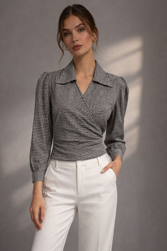 Black Gingham Wrap Top