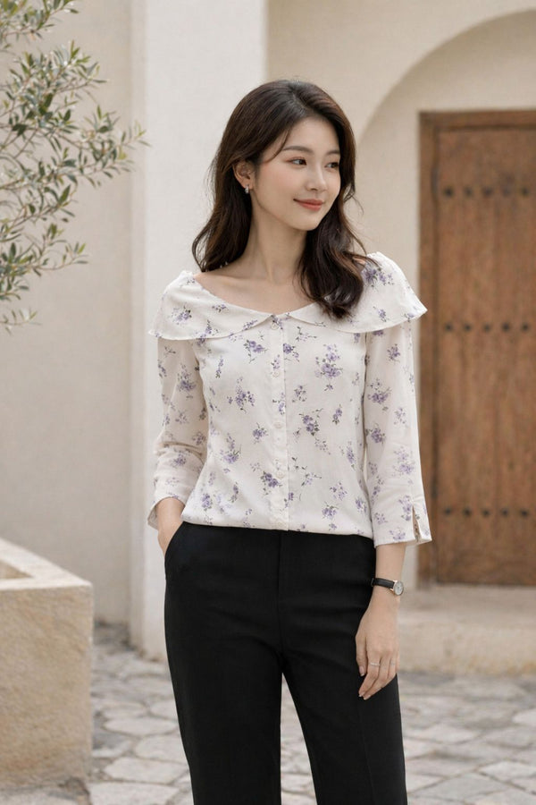 Petal Print Button-Down Top