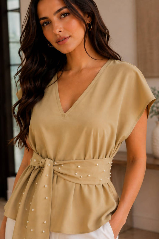 Beige pearl belted top