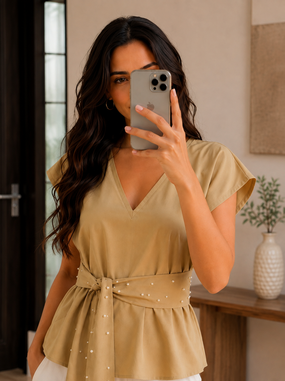 Beige pearl belted top