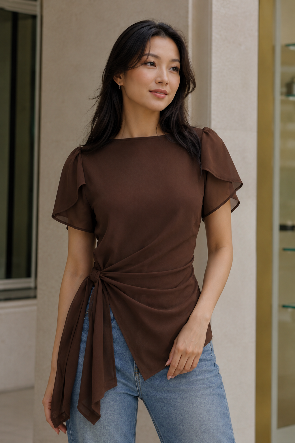 Draped Tulip Sleeve Asymmetric Top