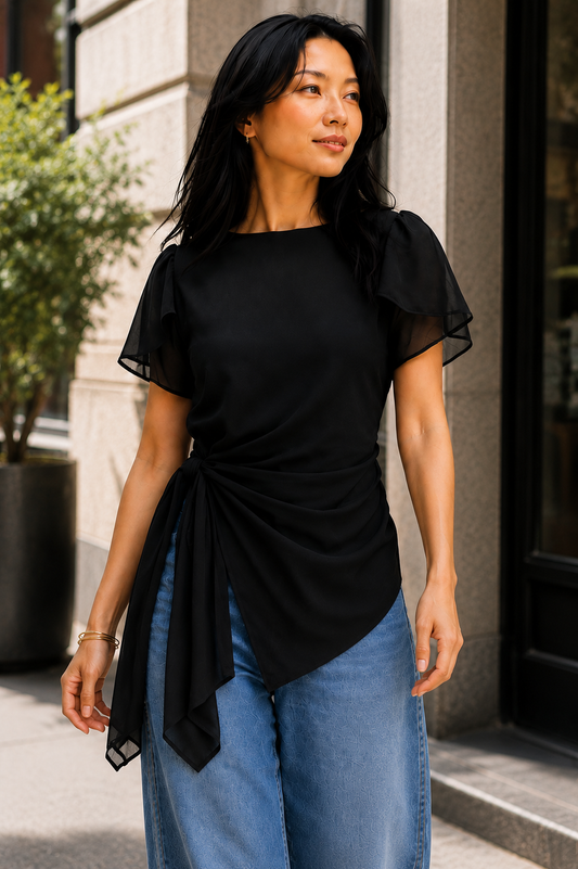Draped Tulip Sleeve Asymmetric Top