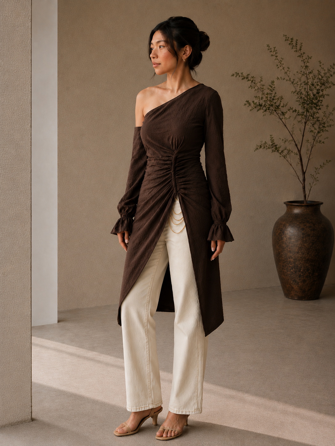 Chocolate Draped One-Shoulder Kurti