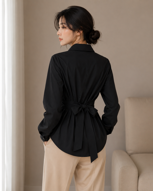 Black Waist-Tie Peplum Shirt