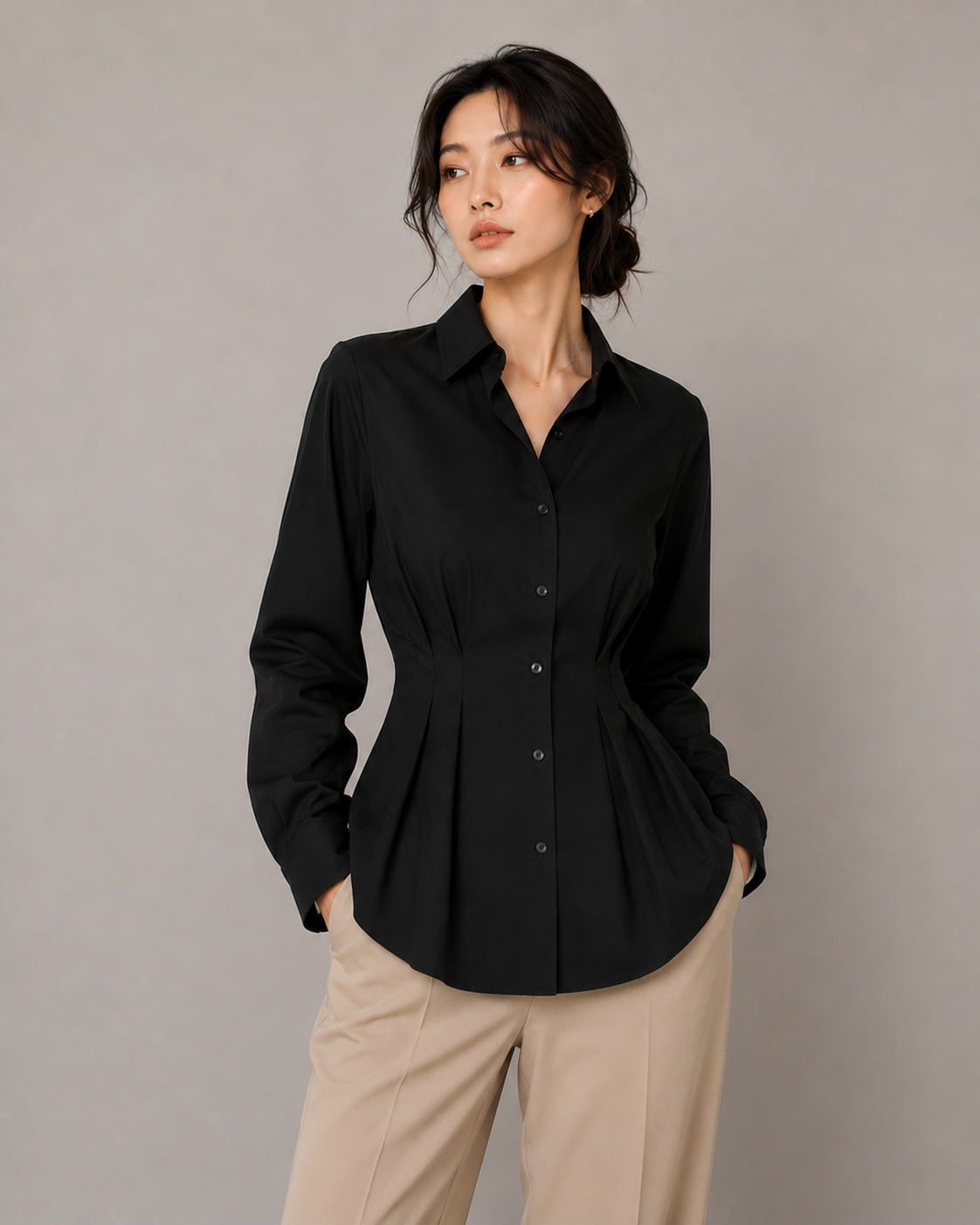 Black Waist-Tie Peplum Shirt