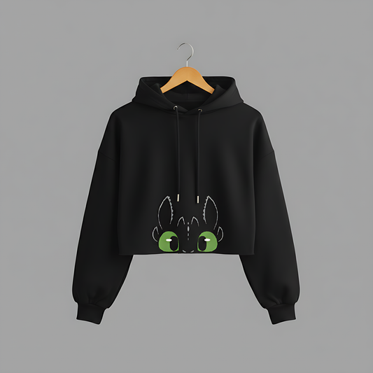 Night Fury Graphic Black Crop Hoodie