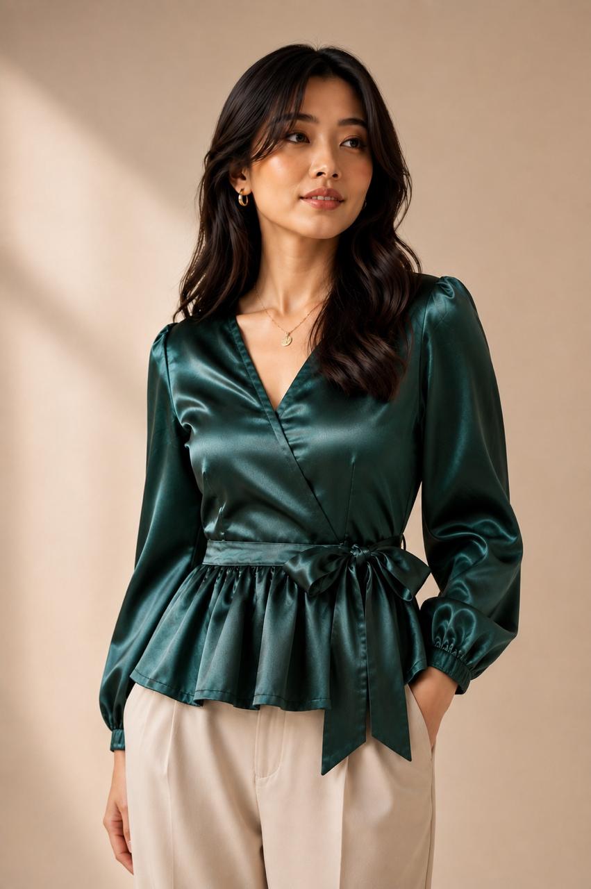 Emerald Satin Wrap Peplum Top