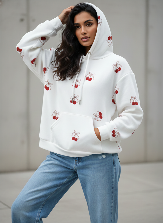 Cherry Oversized White Hoodie