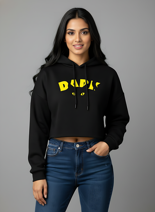 Black Relaxed Fit Cropped Hoodie | Bold Typography Graphic